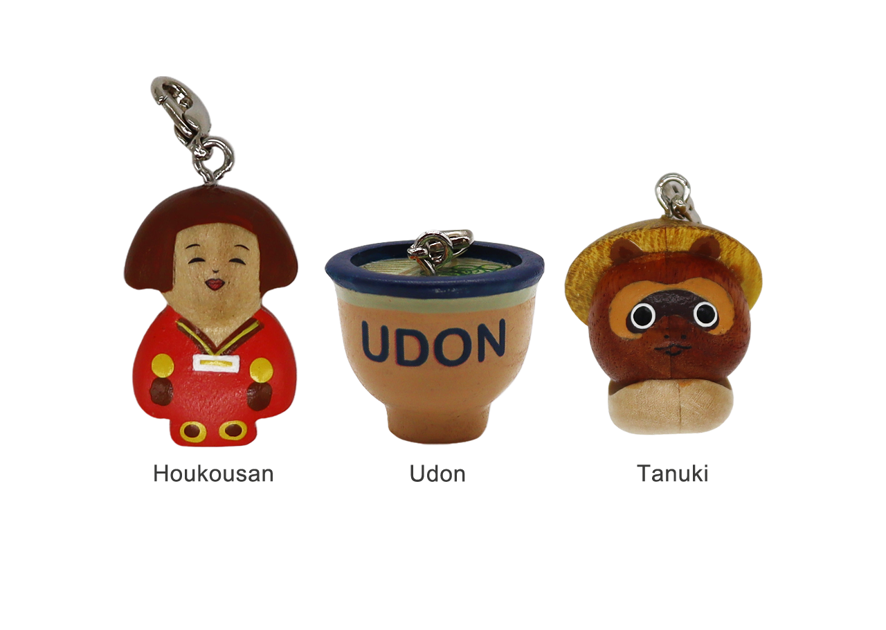 Handmade Wood Charm Kagawa (Houkousan, Udon, Tanuki)-01