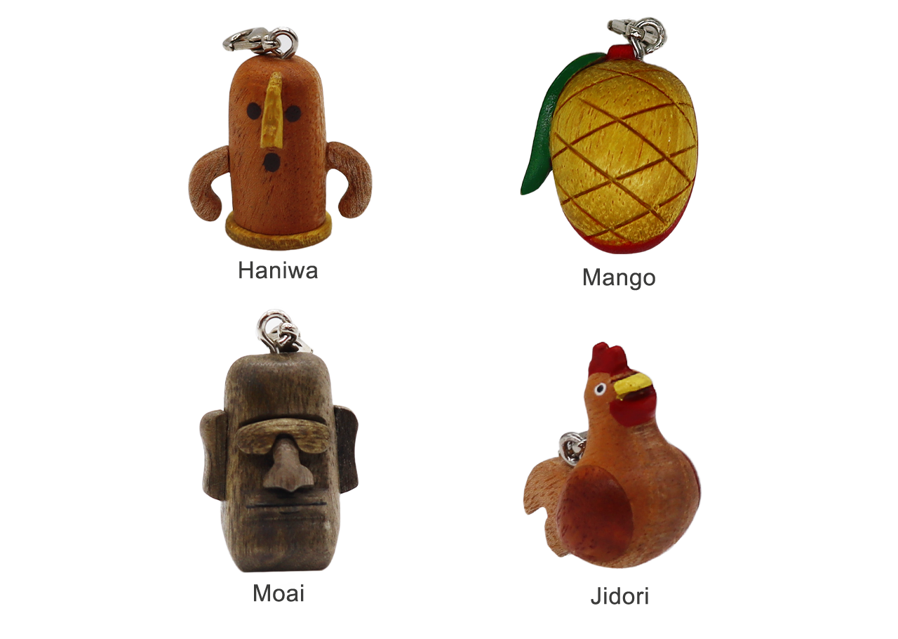 Handmade Wood Charm Miyazaki(Haniwa, Moai, Mango, Jidori)-01