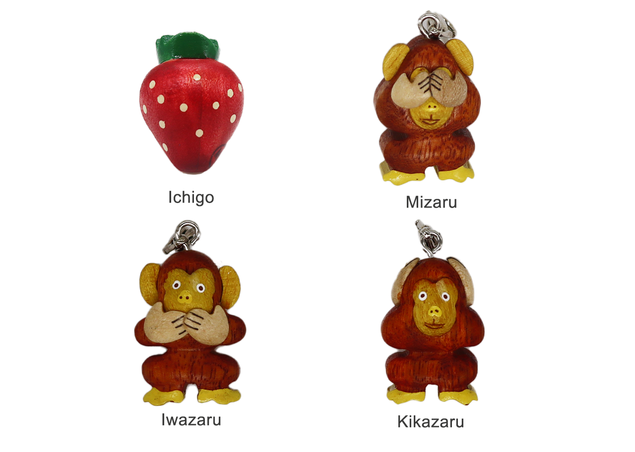Handmade Wood Charm Tochigi(Ichigo, mizaru, kikazaru, Iwazaru)-01