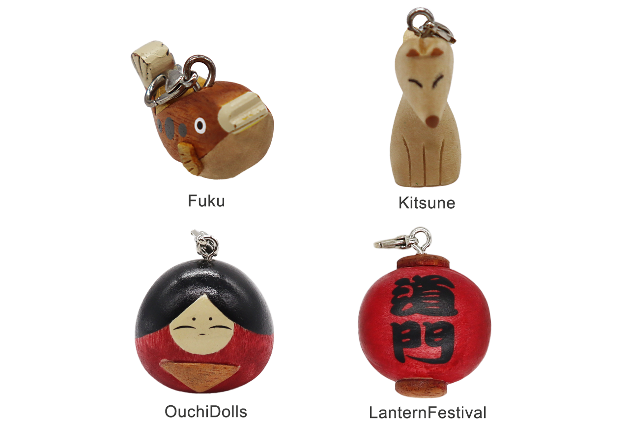 Handmade Wood Charm Yamaguchi(Fuku, Kitsune, OuchiDolls, LanternFestival)-01
